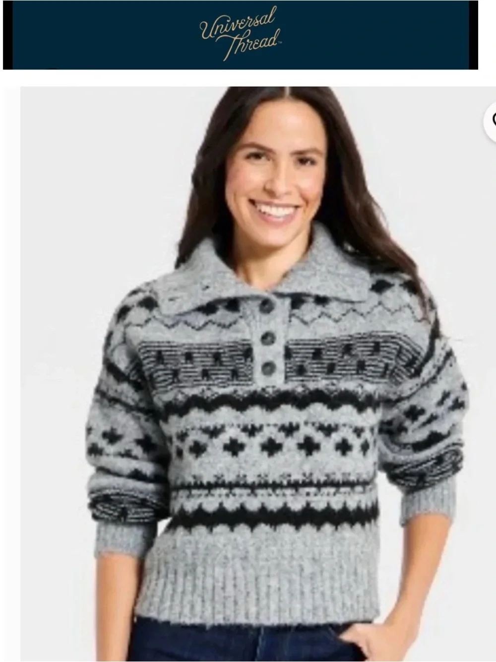 5/$30 Universal Thread Gray Fair Isle Button-Placket Turtleneck Sweater NWT XL
